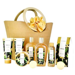 A luxurious spa gift basket with bath salts, lotions, candles, and pampering products.