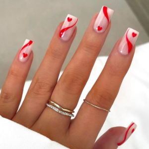 White, red and pink valentine's nail with red hearts design on French tips