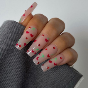 Valentine's nail with cherries in the form of little hearts