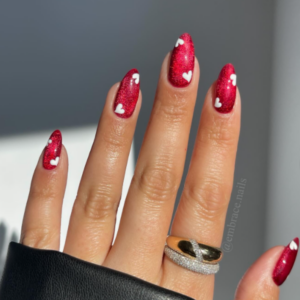 Red Chrome nails with white heart design