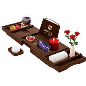 Stylish bath tray with compartments for relaxation essentials, a luxurious gift idea.