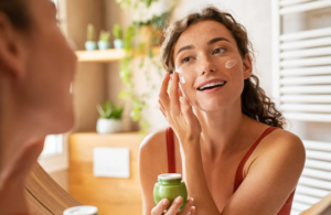 "A fresh towel and water paired with skincare items for a simple and effective morning routine.