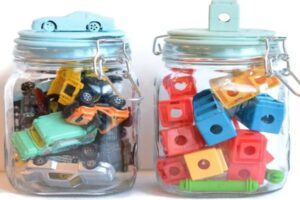 Labelled Mason Jars for kids toys as storage