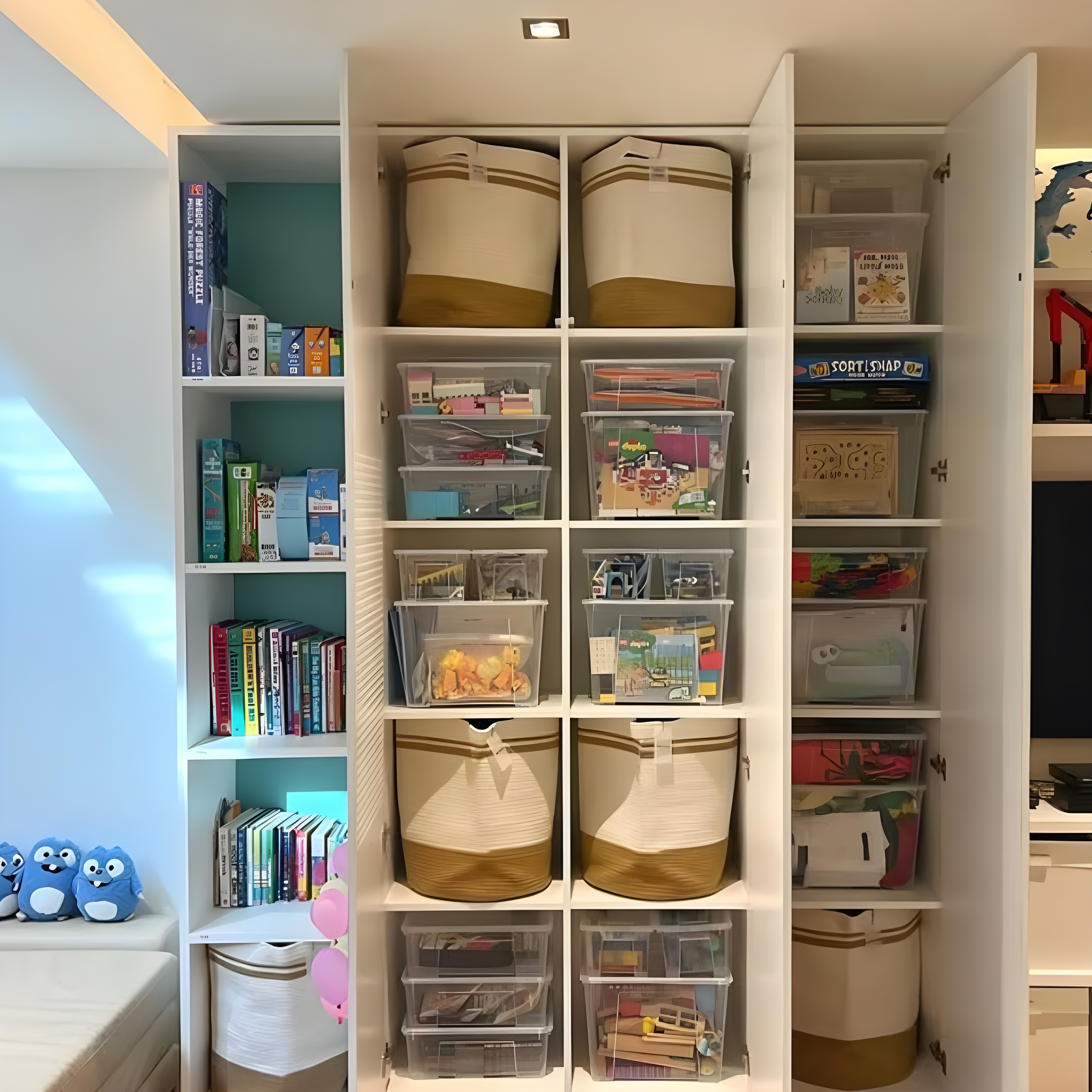 A colorful toy closet with shelves, bins, and hooks, decorated with fun wallpaper to create a special space for toys.