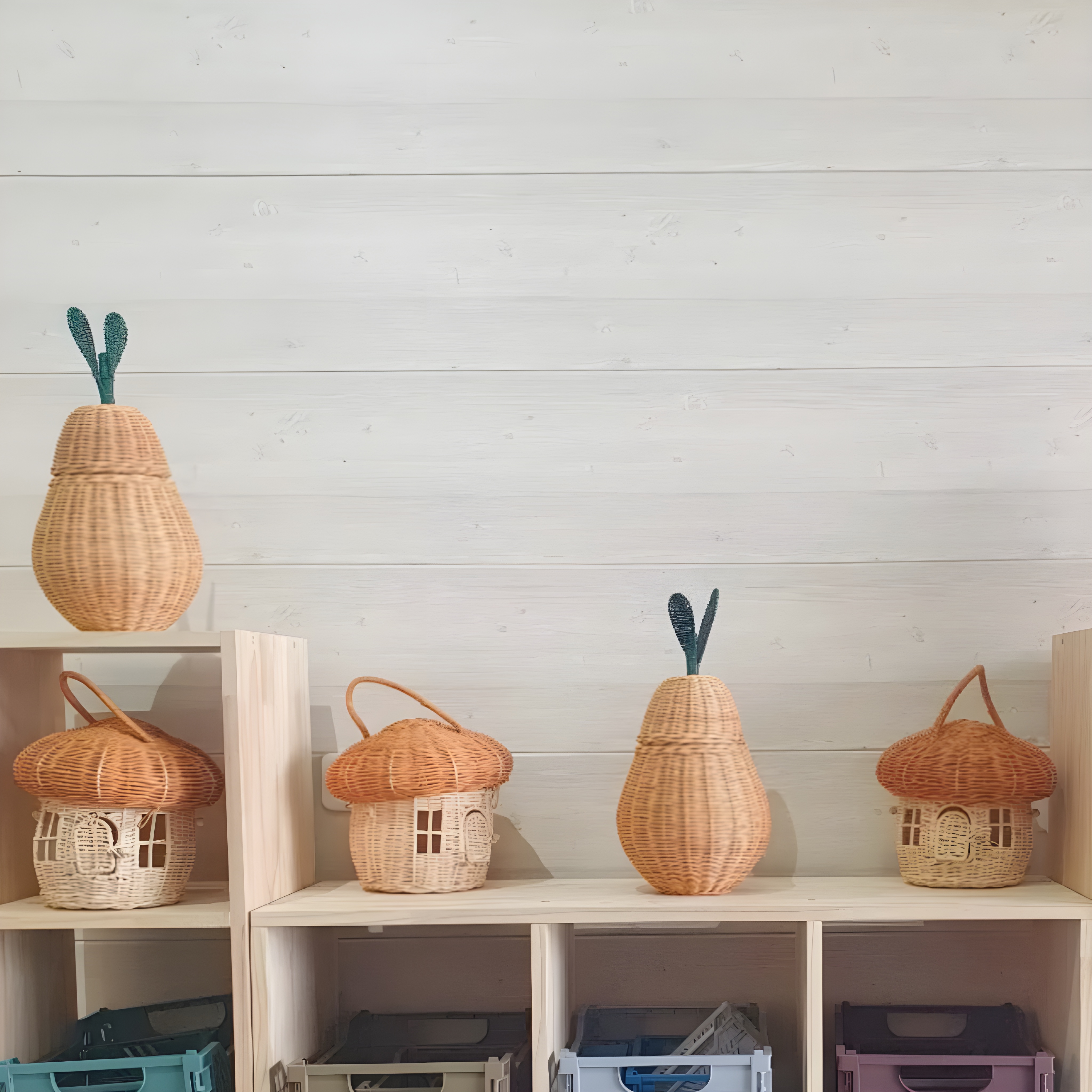 Stylish wicker baskets used for toy storage, blending seamlessly with living room decor while keeping toys hidden.