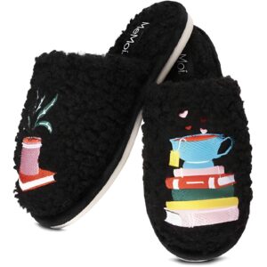 Soft cozy slippers with book-themed embroidery for ultimate comfort.