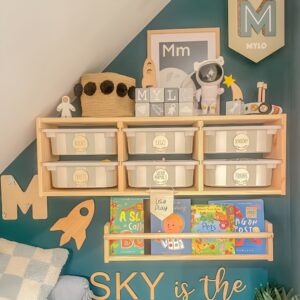 Storage bins and baskets neatly labeled with both text and images, helping young children match toys to their designated spots for organized play.