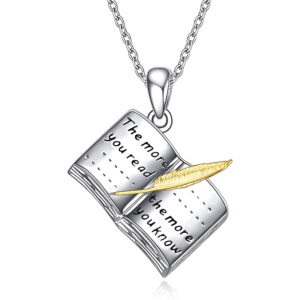 Elegant literary necklace featuring book quotes and mini-book pendants.