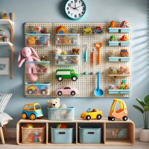 A colorful pegboard mounted on the wall, holding baskets and hooks for race cars, costumes, and art supplies.