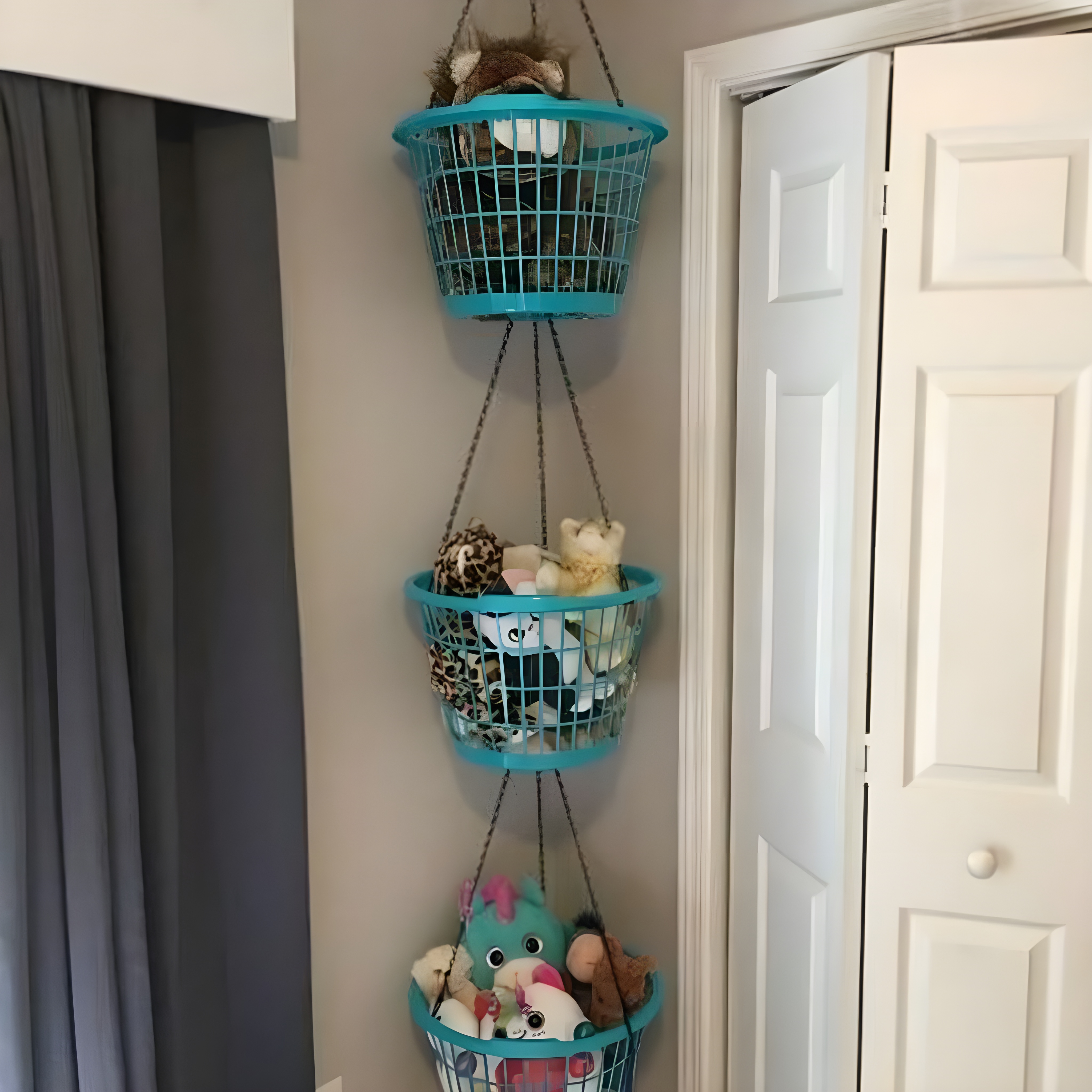 Creative toy storage with an old wine rack repurposed to hold plush toys and a hanging shoe organizer filled with small toy figures.