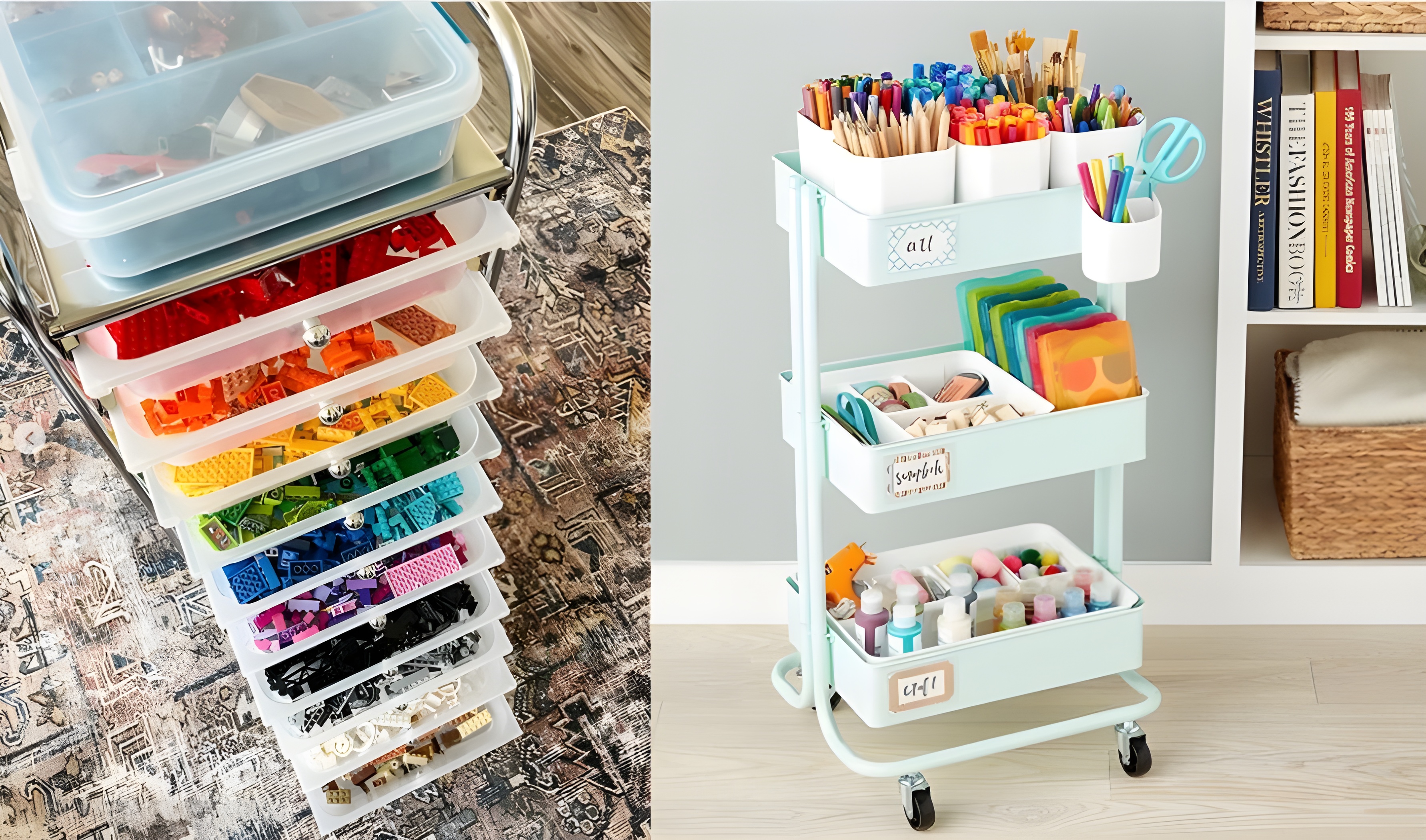 A rolling storage cart filled with craft supplies and small toys, ready to move between rooms during playtime.