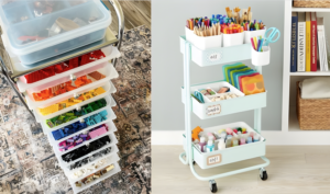 A rolling storage cart filled with craft supplies and small toys, ready to move between rooms during playtime.