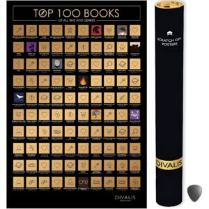 100 Essential Novels scratch-off chart for tracking reading achievements.