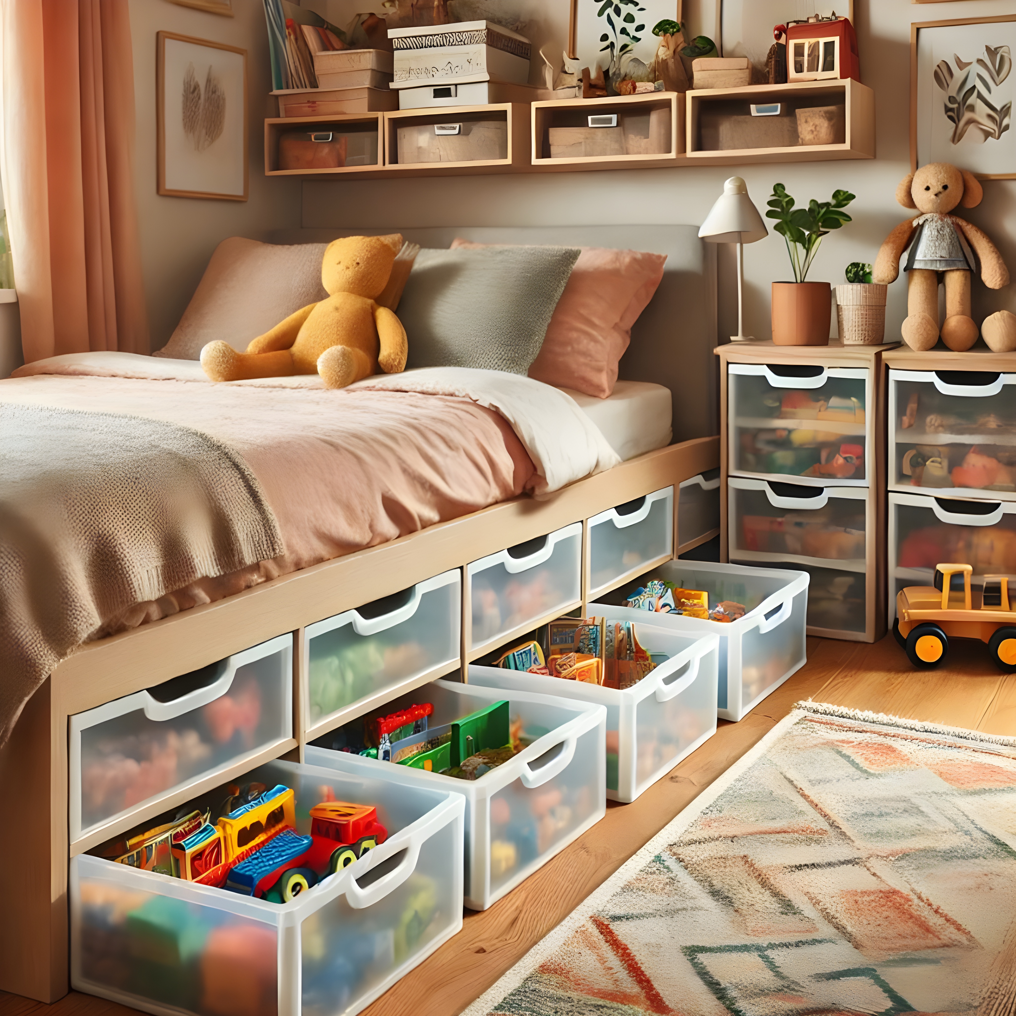 A cozy bedroom with clear rolling storage bins under the bed, organized with toys like Legos and board games for easy access.