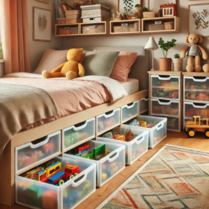 A cozy bedroom with clear rolling storage bins under the bed, organized with toys like Legos and board games for easy access.