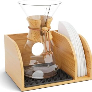 A hand-blown Chemex coffeemaker brewing fresh pour-over coffee.