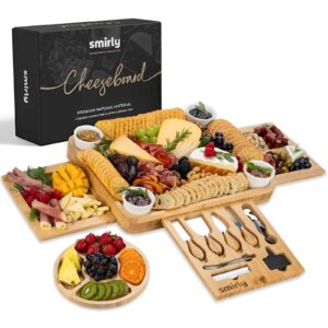 A wooden charcuterie board with an assortment of cheeses, meats, and crackers. Great Housewarming gift