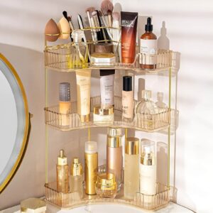 Space-saving three-tier corner makeup organizer for storing cosmetics efficiently.