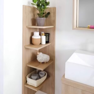 Corner shelving maximizing unused bathroom space for additional storage.