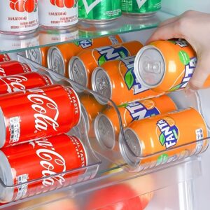 A drink dispenser in the fridge organizing soda cans for easy access.