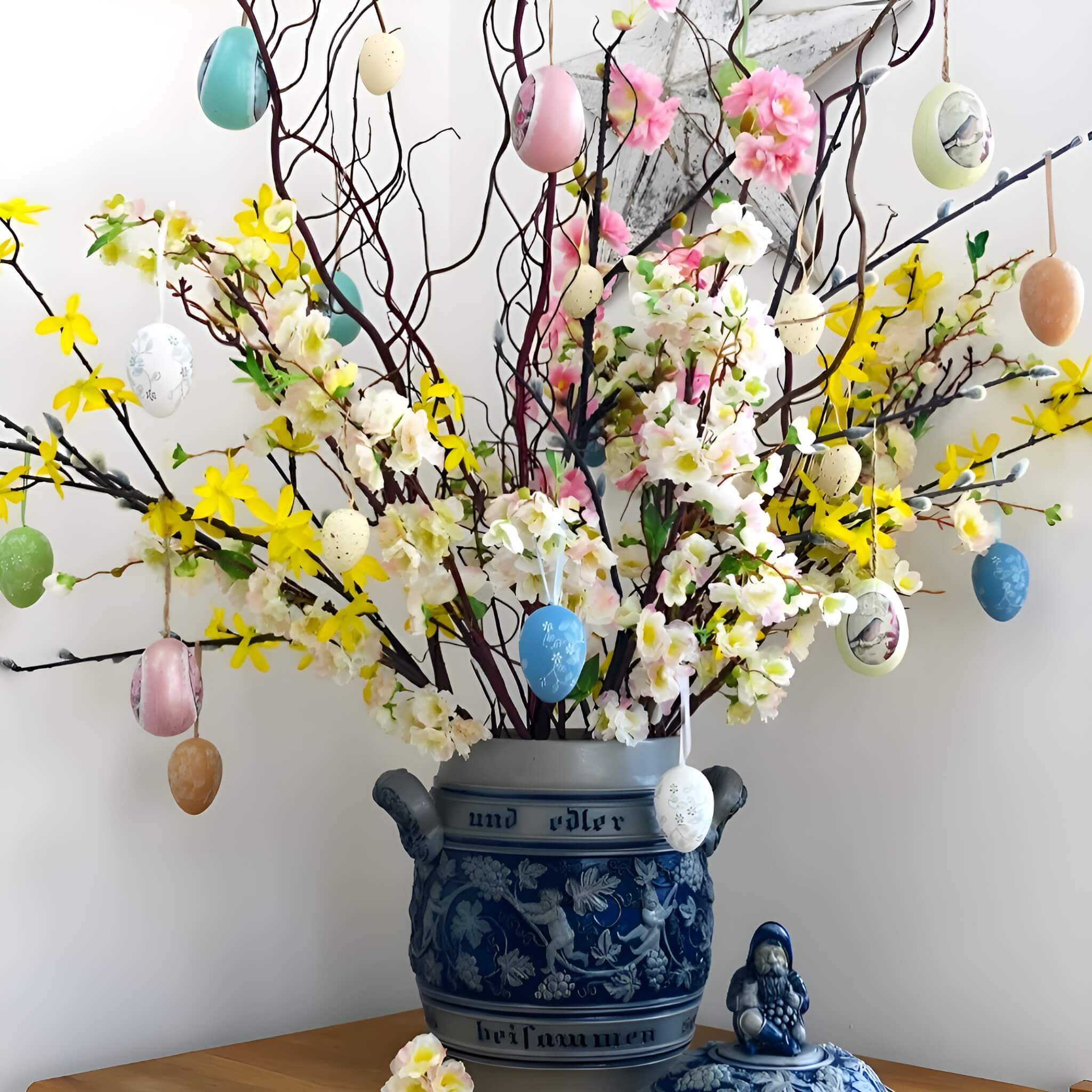 A whimsical Easter tree centerpiece with bare branches in a tall vase, decorated with hanging pastel and metallic eggs, ribbons, and small flowers.