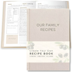 An open family recipe book with handwritten notes and favorite dishes.