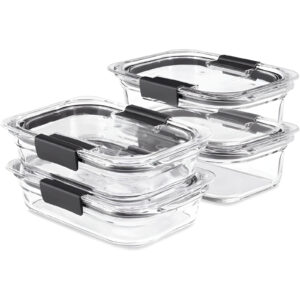 A set of airtight Rubbermaid Brilliance glass food storage containers stacked neatly.