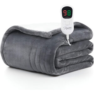 Heated electric throw blanket for a warm and cozy experience.