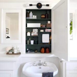 A sleek medicine cabinet with hidden storage to keep toiletries organized and out of sight.