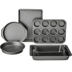 A complete nonstick bakeware set, including baking sheets, cake pans, muffin tins, and cooling racks.