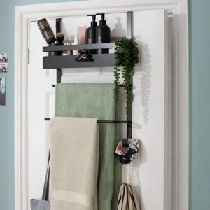 An over-the-door organizer with multiple pockets for bathroom essentials.