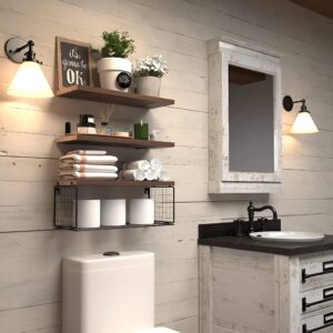 Over-the-toilet shelves providing extra storage for toiletries and towels in a small bathroom.