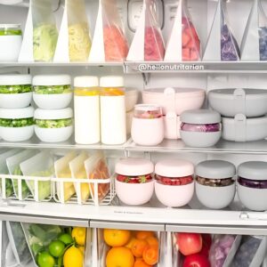 Eco-friendly reusable storage bags used for food storage in the fridge.