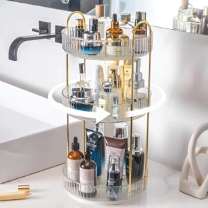 360-degree rotating three-tier makeup organizer for easy access to skincare and beauty products.