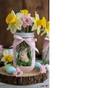 A simple and rustic Easter centerpiece with mason jars filled with fresh wildflowers, tied with pastel or burlap ribbons, and arranged on a tray.