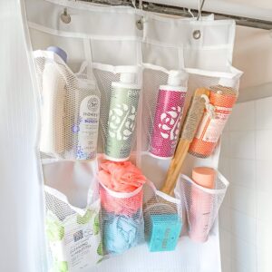 A shower curtain with built-in pockets for storing bath products and accessories.