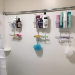 A shower rod with hooks holding hanging storage baskets for shampoo, loofahs, and bath accessories.