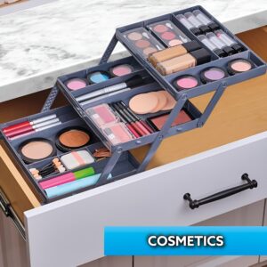 Multilevel smart drawer organizer for neatly storing cosmetics and beauty tools.