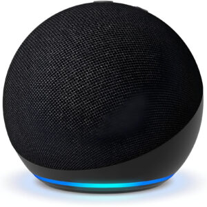 A modern smart home device, such as an Amazon Echo or Google Nest, placed on a stylish home interior table.