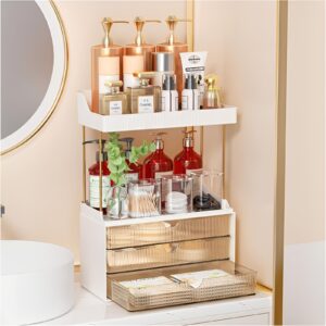 Vertical countertop makeup organizer with multiple tiers to save space and keep beauty products accessible. 