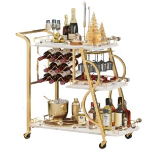 A stylish vintage-inspired bar cart with glassware, cocktail shakers, and decorative accents.