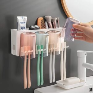 A space-saving wall-mounted toothbrush holder keeping toothbrushes and toothpaste neatly organized.