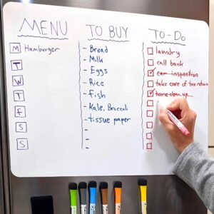 A whiteboard on the fridge used to track inventory and grocery needs.